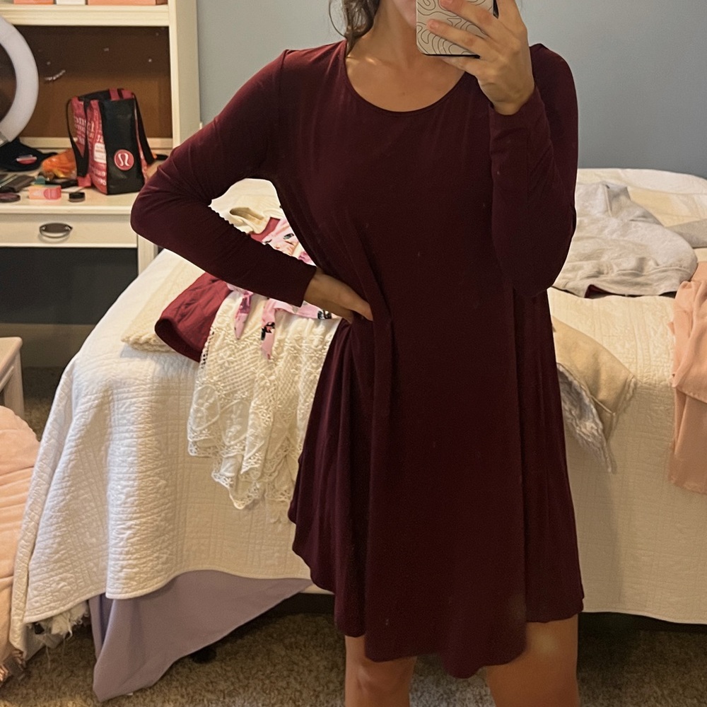 Wine color long sleeve tshirt dress
